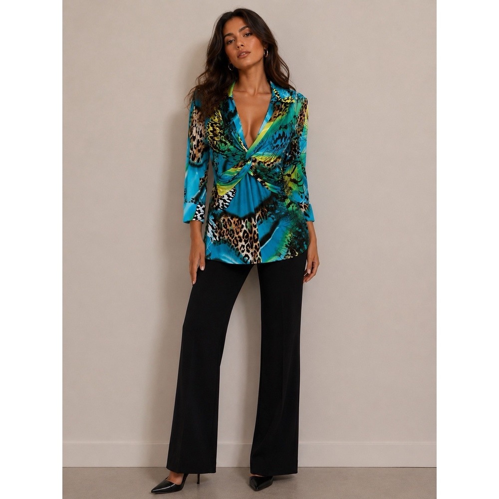 Y2K Animal Print Floral Top With Twist Size Small Maximalist Whimsy Vneck Mob